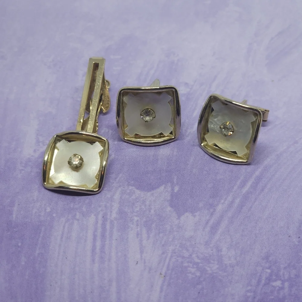 👍5 For $20 Vintage Mother Of Pearl Tie Bar Clip & Cuff Links Set Gold Tone